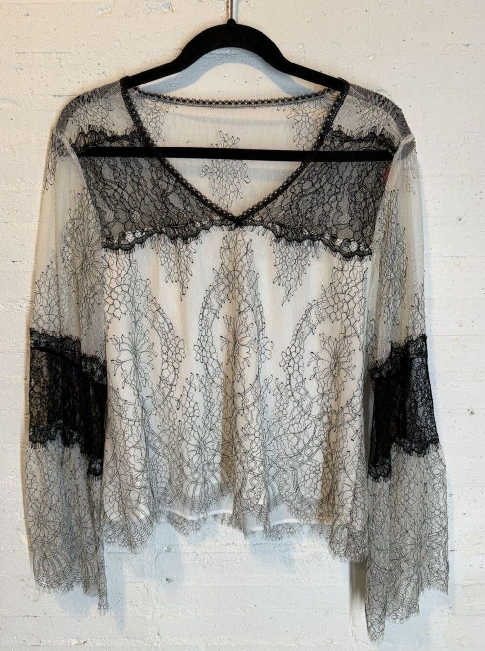 Nanette Lepore Sheer Lace Overlay Bell Sleeve Blouse M Witchy Victorian Goth